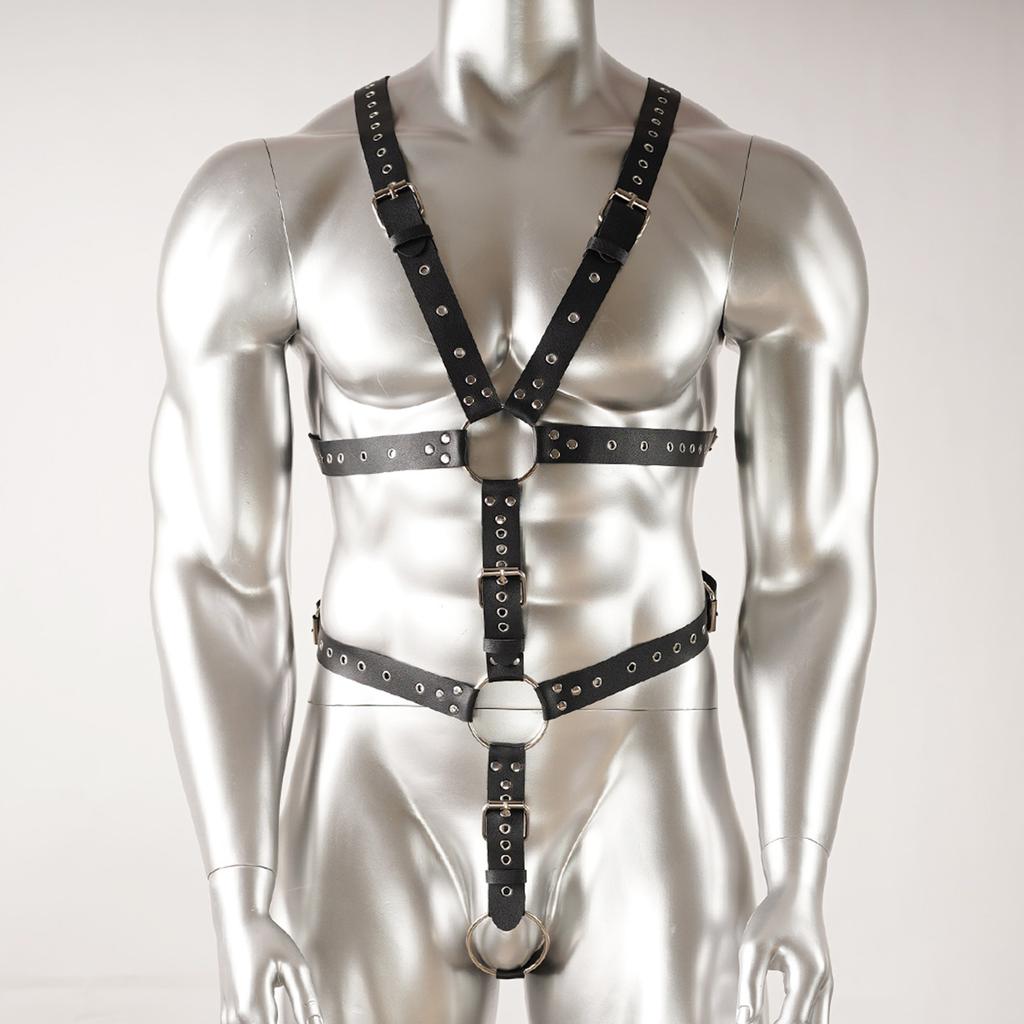 Edgy and Sophisticated Black Leather Body Harness with Buckles and Rings, Perfect for a Bold Look