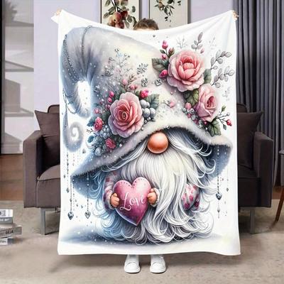 Gnome Love Throw Blanket, Floral Heart Design Plush Fleece for Sofa Bed, Valentines Christmas Gift, All Season Cozy Home Decor