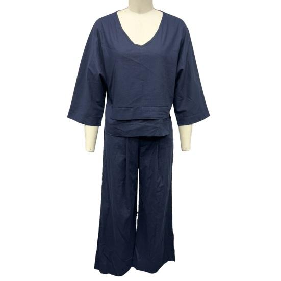 Women Summer Loose 2 Piece Outfits Casual 3/4 Sleeve V Neck Top And Wide Leg Pants Lounge Sets with Pockets