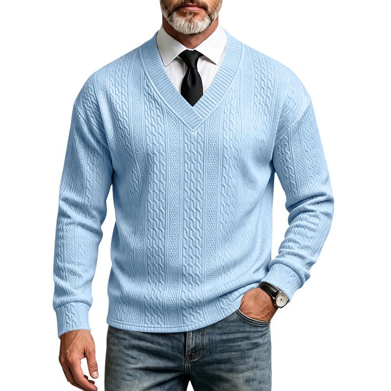 Maglione da Uomo Autunno Inverno a Treccia Monocolore Scollo a V Manica Lunga Casual Business Maglione Lavorato a Maglia