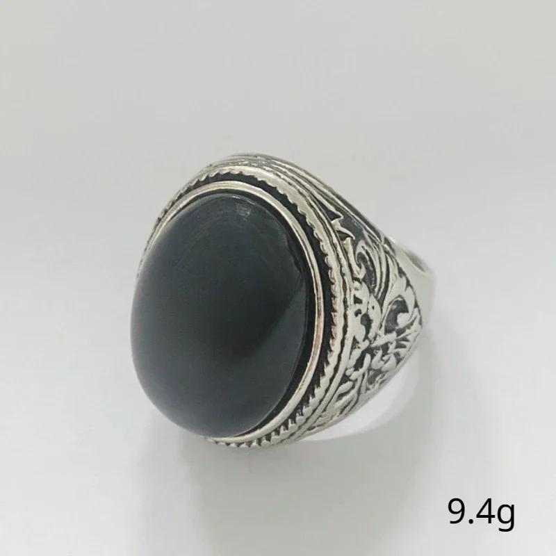 European and American Classical Vintage Black Agate Oval Ring Men's Art Carved Simple Men's Handicrafts