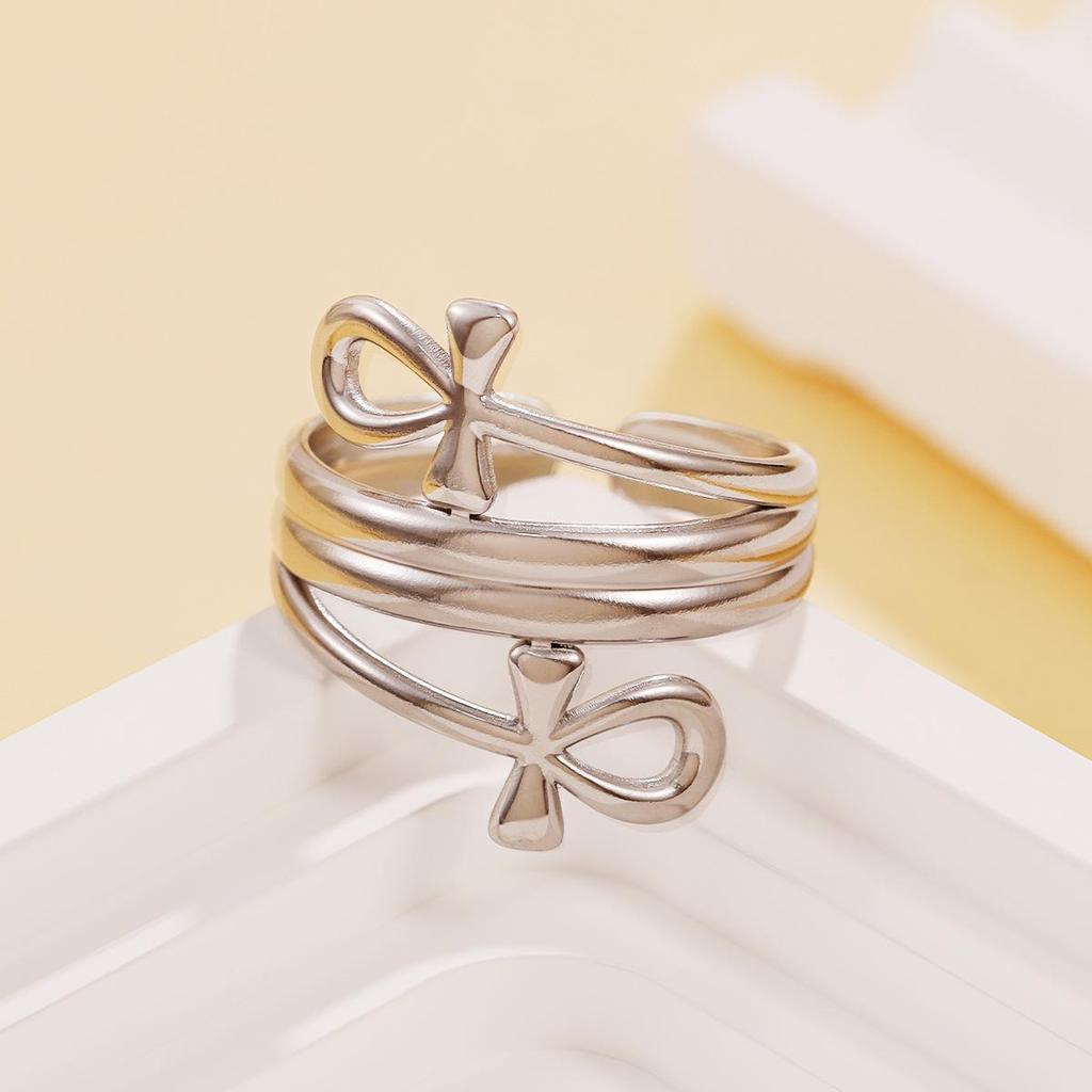 Stainless Steel Retro Elegant Cross Line Open Ring - Vacuum Plated Gold Jewelry