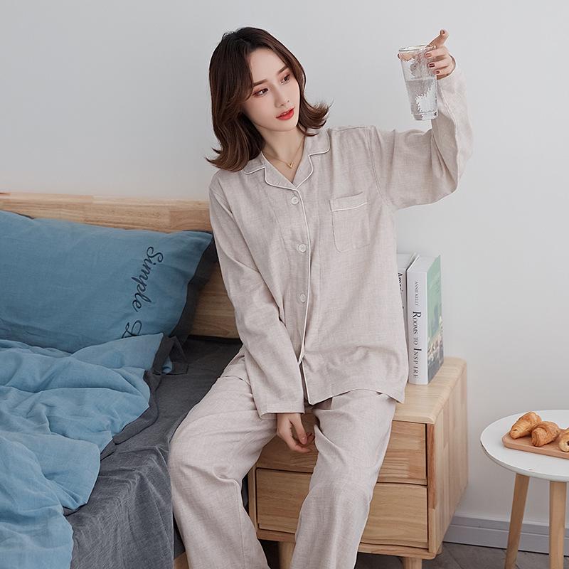 Pure Cotton Double Layer Gauze Long Sleeve Pajamas - Japanese Muji Style for Couples (Spring & Autumn)