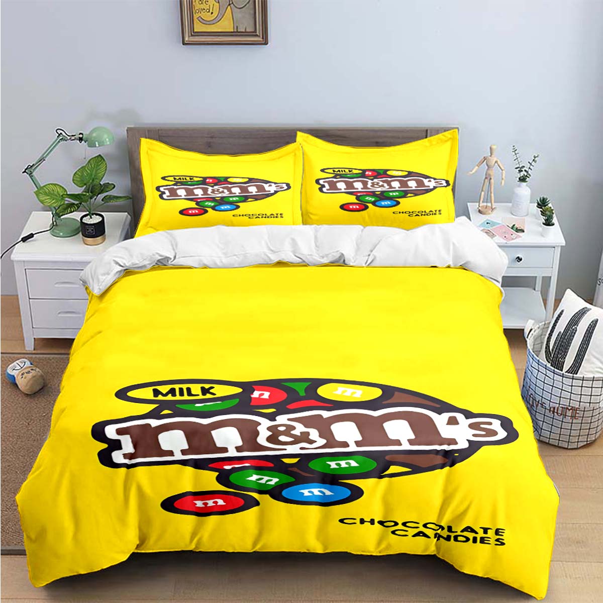 

Модні Постільні Набори з Принтом Логотипу Шоколаду M&M Вишуканий Набір Постільних Приналежностей Комплект з Підковдрою Комплект з Ковдрою Постільна Білизна Розкішний Подарунок EU Twin 135x200cm