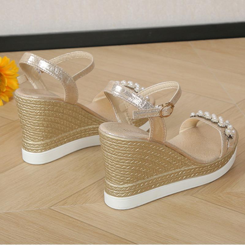 Women Platform Sandals 2024 Summer Pearl Transparent Rhinestones High Heels Buckle Fashoin Ladies Wedge Sandals Beach Shoes
