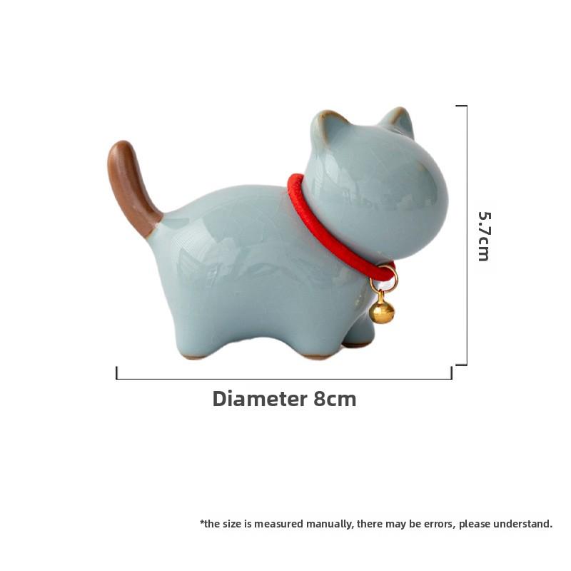 Ru Ware Handmade Tea Pet Cat Figurine Cute Ceramic Crackle Glaze Decorative Ornament for Tea CeremonyHome Office Desk Decor Gift