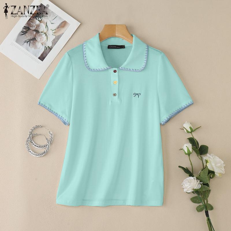 

ZANZEA Женские повседневные топы-блузки с лацканами, короткими рукавами, вышивкой и декоративной строчкой 4XL синий