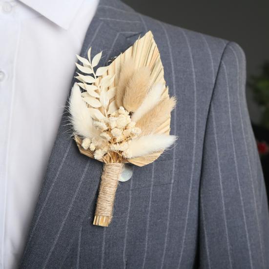 Gold Wheat Wedding Boutonniere Preserved Artificial Flower Lapel Pin for Groom Groomsman Rustic Floral Corsage for Wedding Party