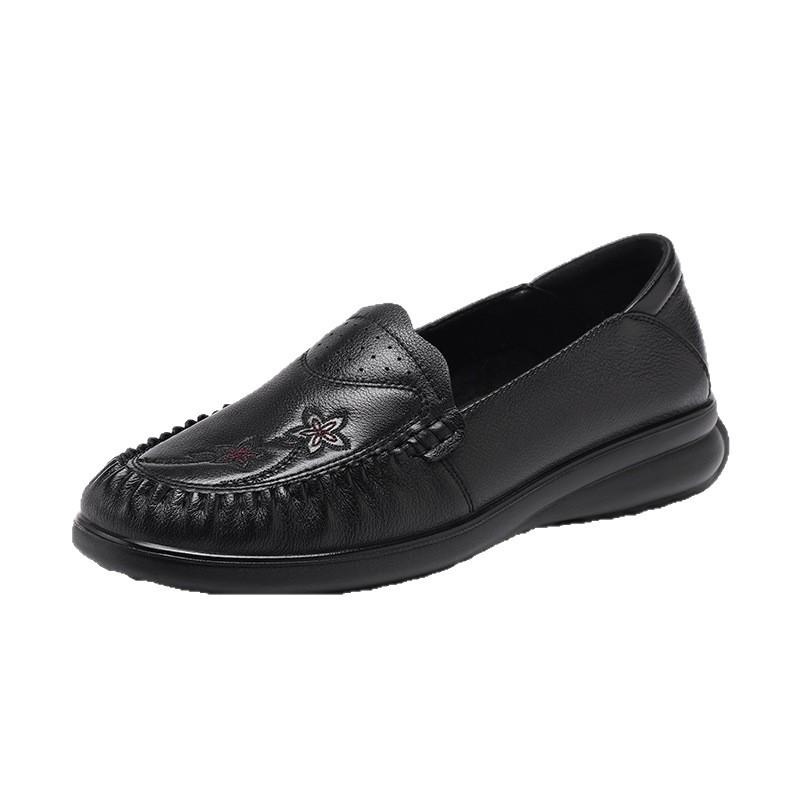 Red Dragonfly Women's Spring Loafers - Genuine Leather Non-Slip Slip-on Shoes for Middle-Aged and Elderly with Soft Cowhide Sole