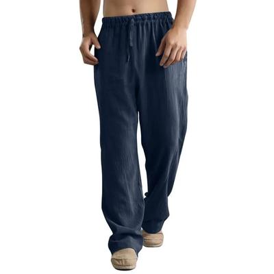 Pantalon en lin de couleur unie pour hommes, pantalon de plage décontracté à corde ample, pantalon d'extérieur