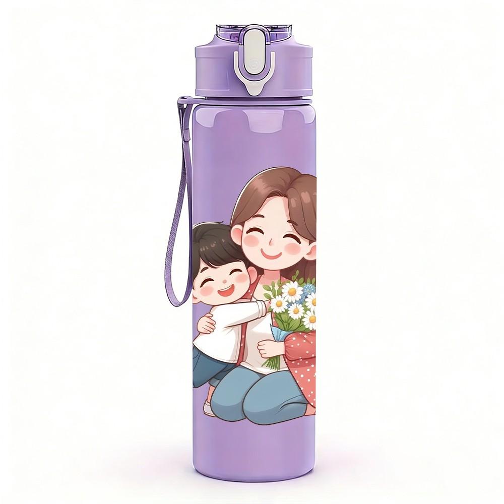 1PC Mom Hugging Little Kid Illustration Pattern 750ml Color Plastic Sports Water Bottle Leakproof Flip Straw Lid Suitable for Sports Office Home Use