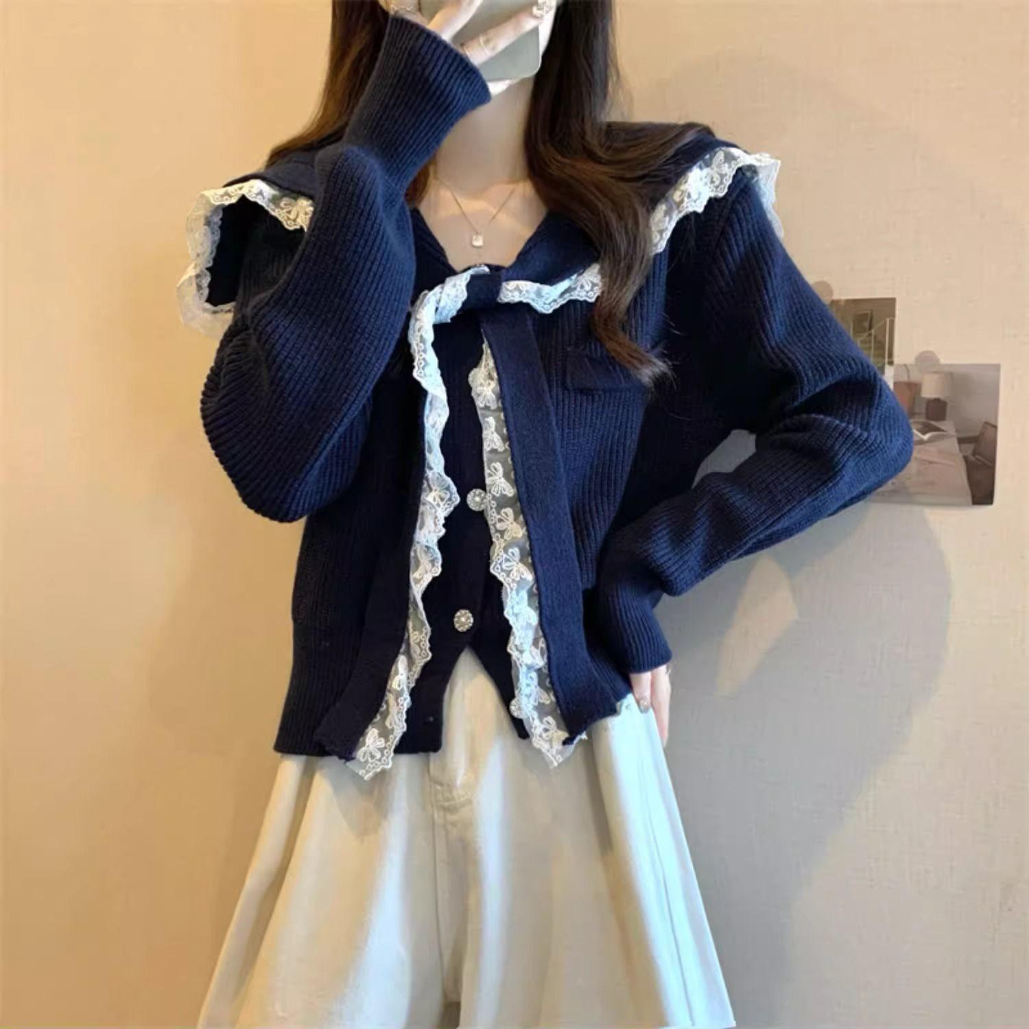 

Серый свитер с длинным рукавом и кружевной вставкой цвета морской волны, омолаживающий, для женщин - Приталенный, милый весенний топ XL [Recommended 115-125 jin] чёрный