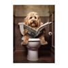 Goldendoodle Affe Hochlandrind auf der Toilette Zeitung lesend Poster Tierdruck Leinwandbild Lustige Badezimmer Wanddeko