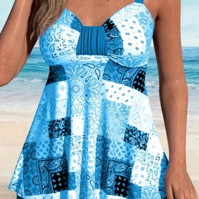 2026 New European and American Style Print Skirt Split Swimsuit Women's Beach Vacation Conservative Suspender Swimsuit Slimming Swimsuit