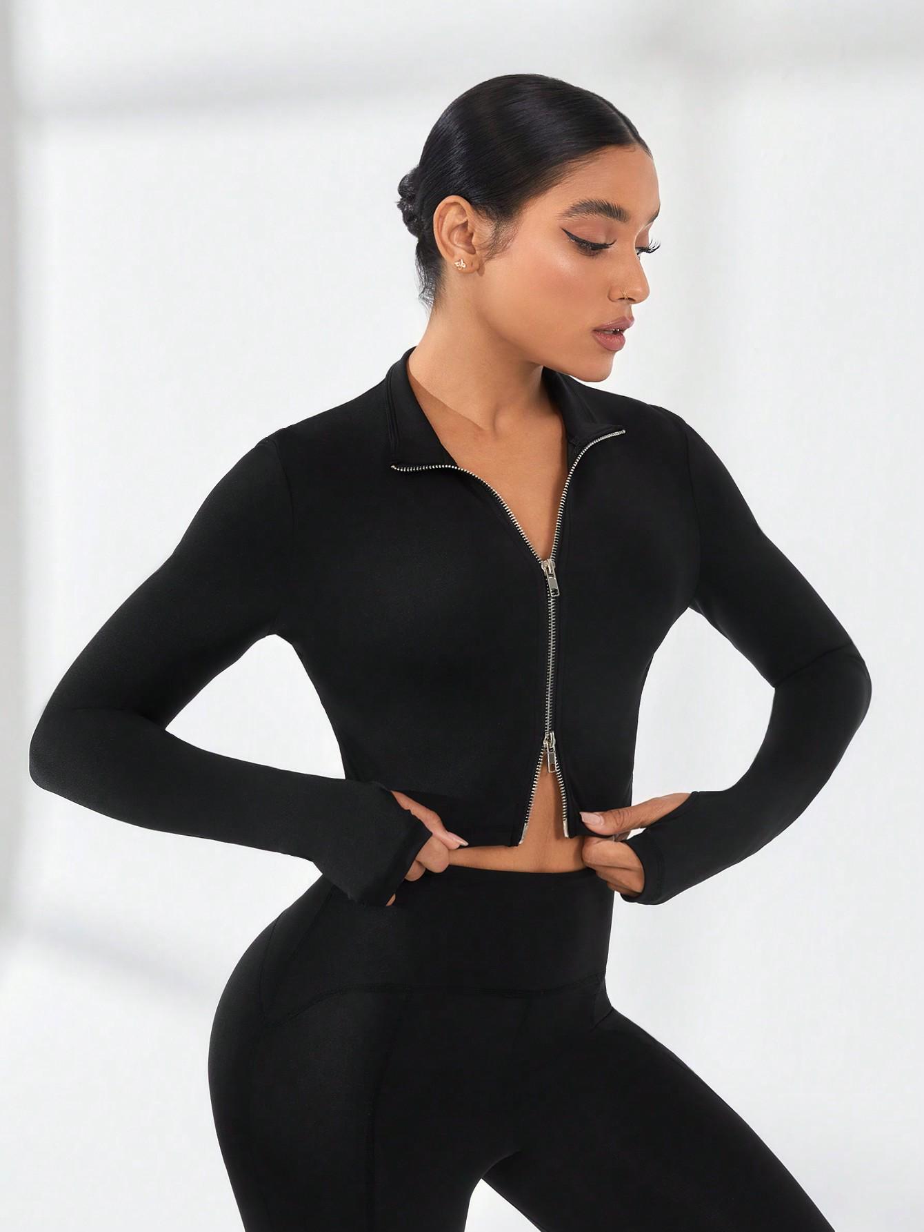 

Женская приталенная куртка для йоги с длинным рукавом - Дышащий, высококачественный топ для фитнеса и бега на лето Extra Large чёрный