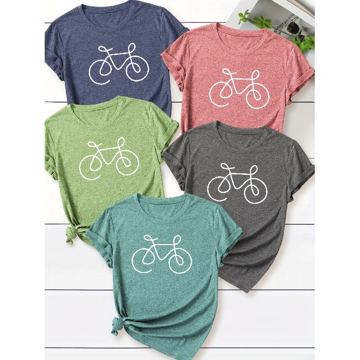 Women's Short-sleeved Round-neck T-shirt with Line Lettering, Bicycle Line Design, English Lettering, Casual Style, Cute Summer wear5Packaged
