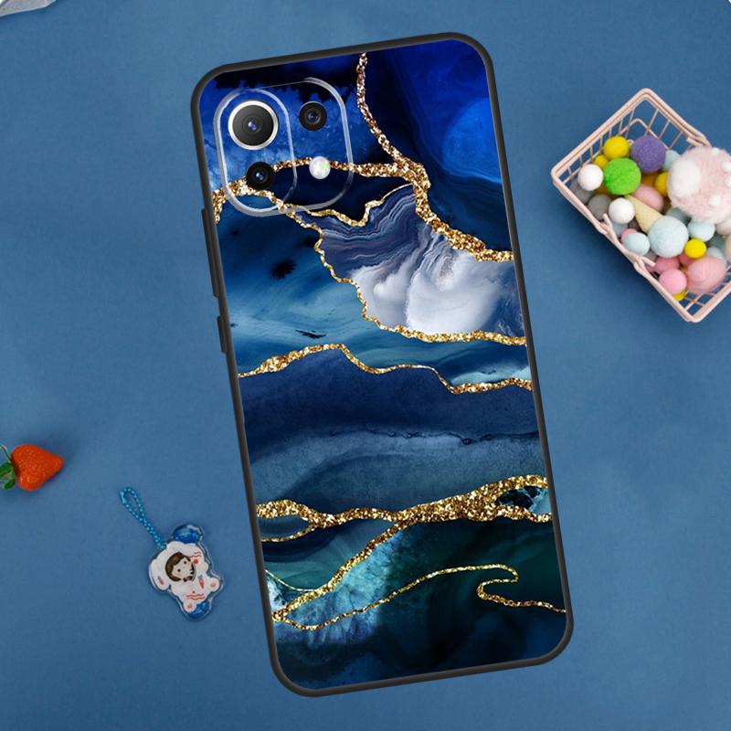 Gold Indigo Faux Malachite Case For Xiaomi 14 13 15 Ultra 11T 12T 13T 14T Pro POCO X7 Pro X3 X5 F5 F6 M6 X6 Pro Cover