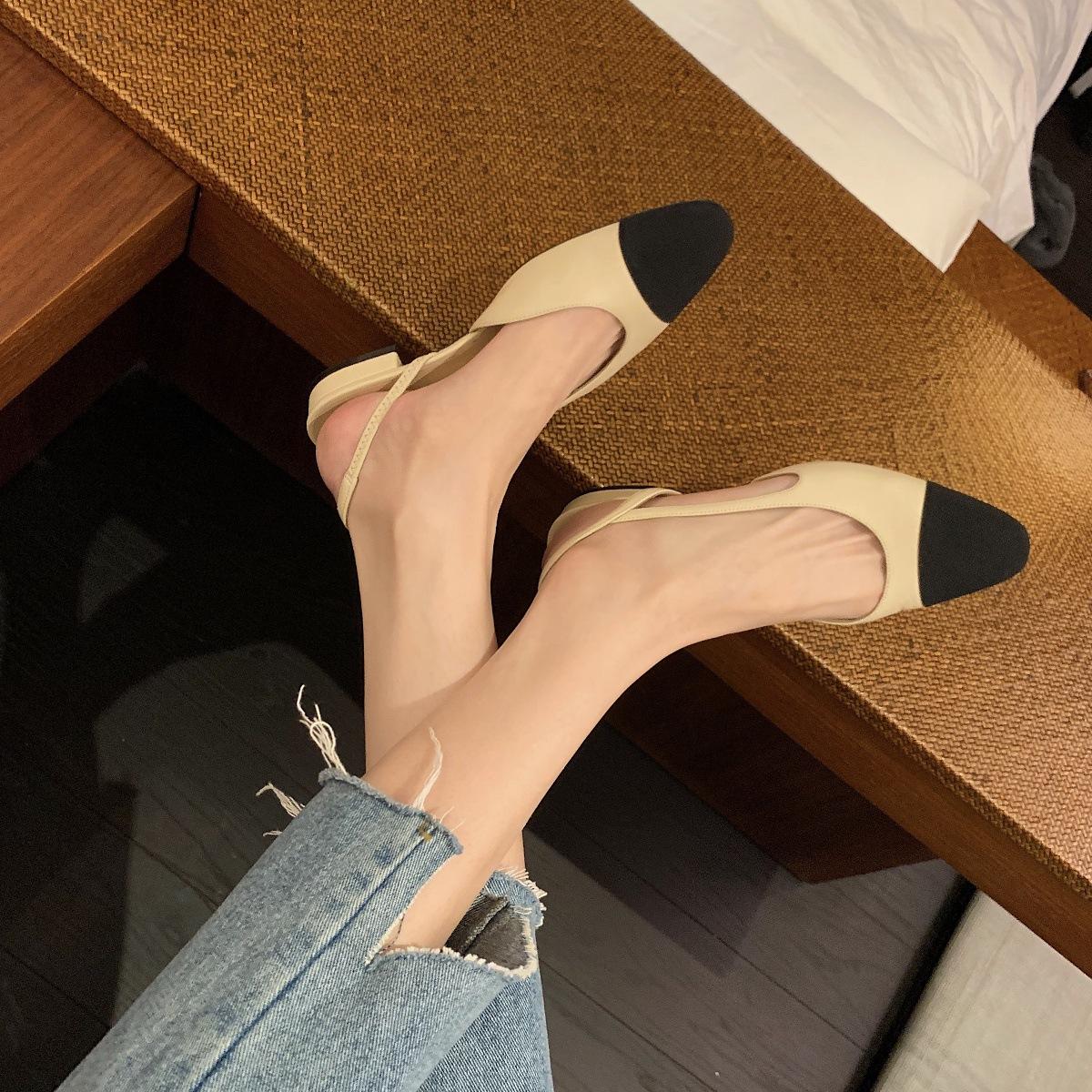 

Leather version Xiaoxiangfeng empty bag head sandals women s summer wear temperament medium heel shoes color matching French cool slippers 34