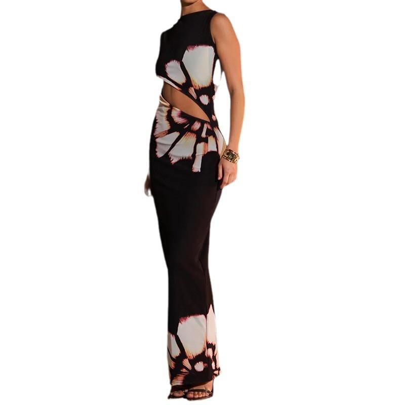 Women's Retro Printed Sleeveless Hollow Out Sexy Slim Splicing Dresses