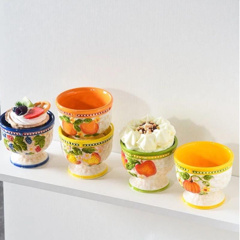 High-Quality Ceramic Dessert Bowl Ice Cream Cup Hand-Painted Embossed Home Use
