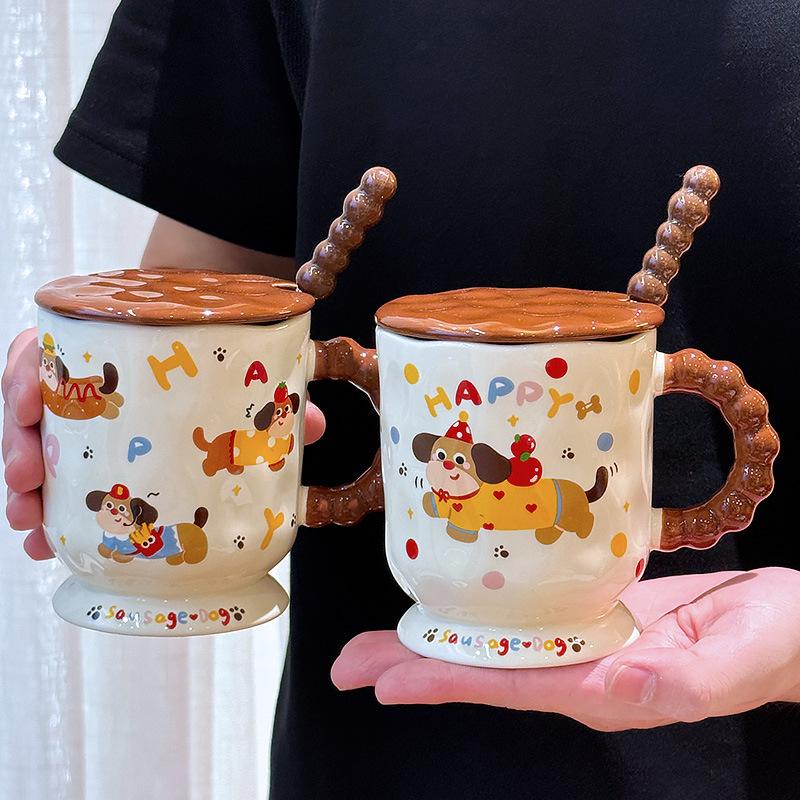 Dachshund Dog Ceramic Mug with Lid Spoon High Looking Office Household Drinking Water Couple Water Cup Girl Birthday Gift