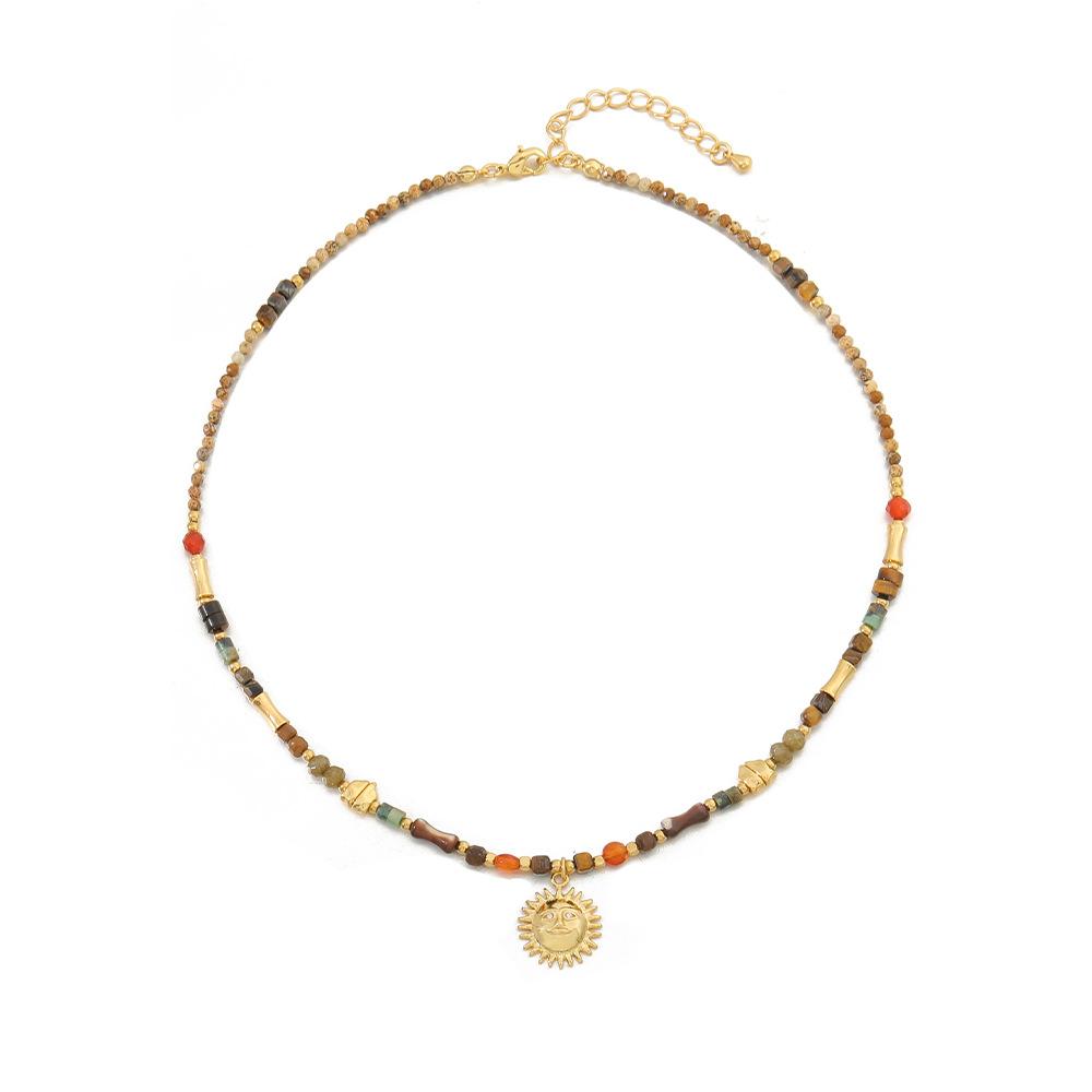 Vintage Maillard Wind Natural Stone Handmade Beaded Necklace Design Sun Pendant Temperament Clavicle Chain