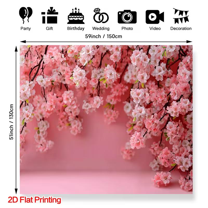 2D Printed Backdrop with Pink Cherry Blossom Branches on Solid Pink Background 47.2x31.5inch/120*80cm