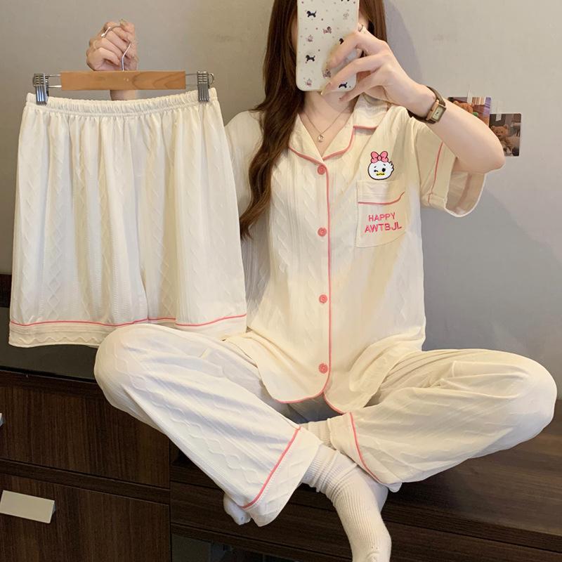 

Милая пижама с жаккардовым узором «Утка и утенок» из имитации хлопка, женская летняя с коротким рукавом, ветровка для дома, комплект из трех предметов 2XL