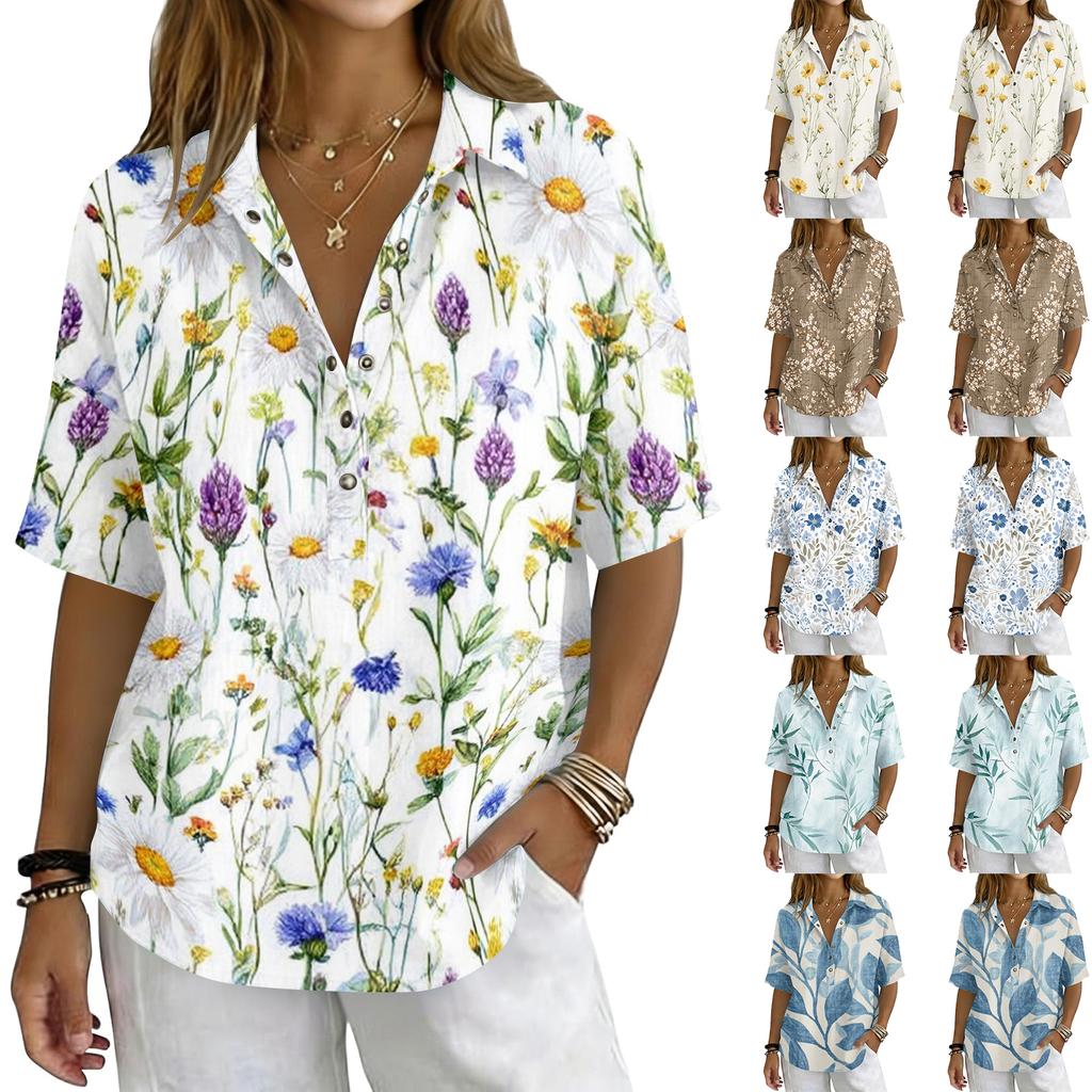 Damen Vintage Blumenprint Kurzarmhemd Lockerer Schnitt Knopfleiste Kragen Freizeitbluse Leichtes Atmungsaktives Gewebe