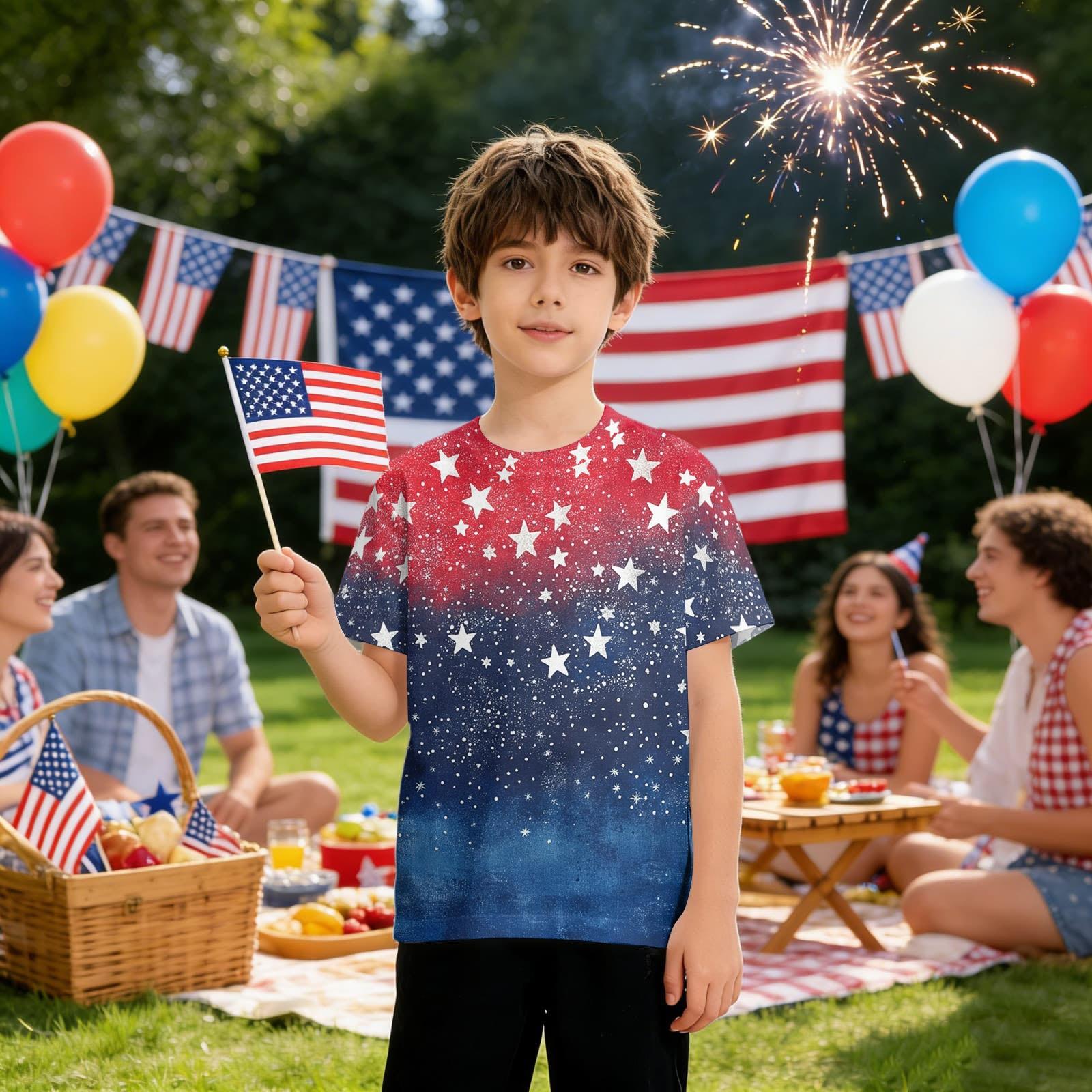 

Kids Independence Day Printed Crew Neck Short Sleeve Casual T Shirt Lightweight Comfortable Fit for Everyday Wear 150 красный