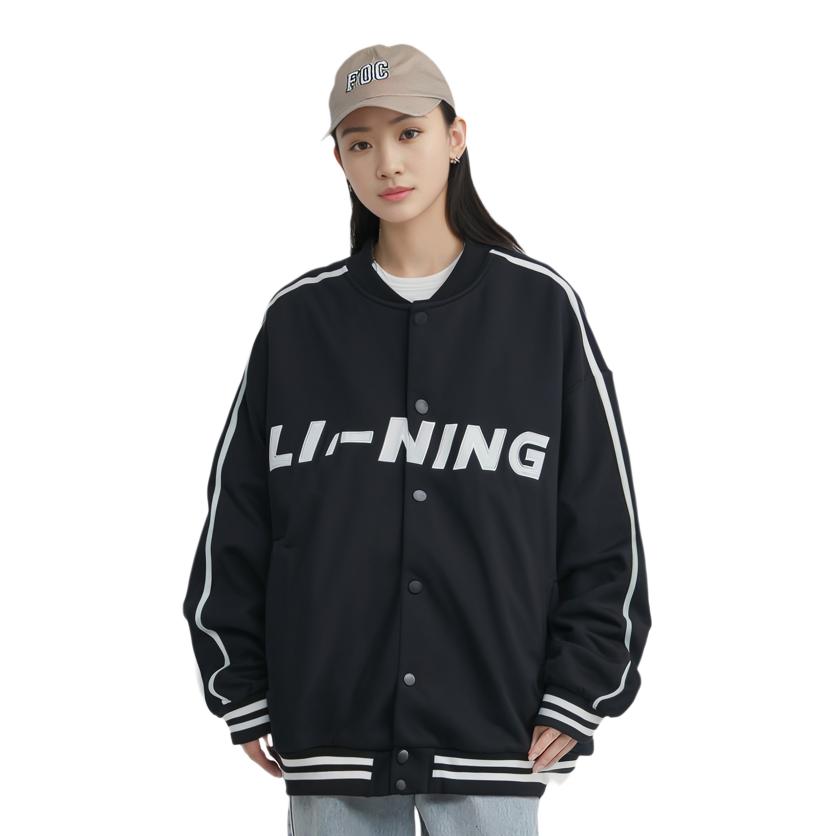 LiNing Sports Fashion Series Color Block Letter Baseball Collar Long Sleeve Jacket Unisex Jacket Black AWDU939-2