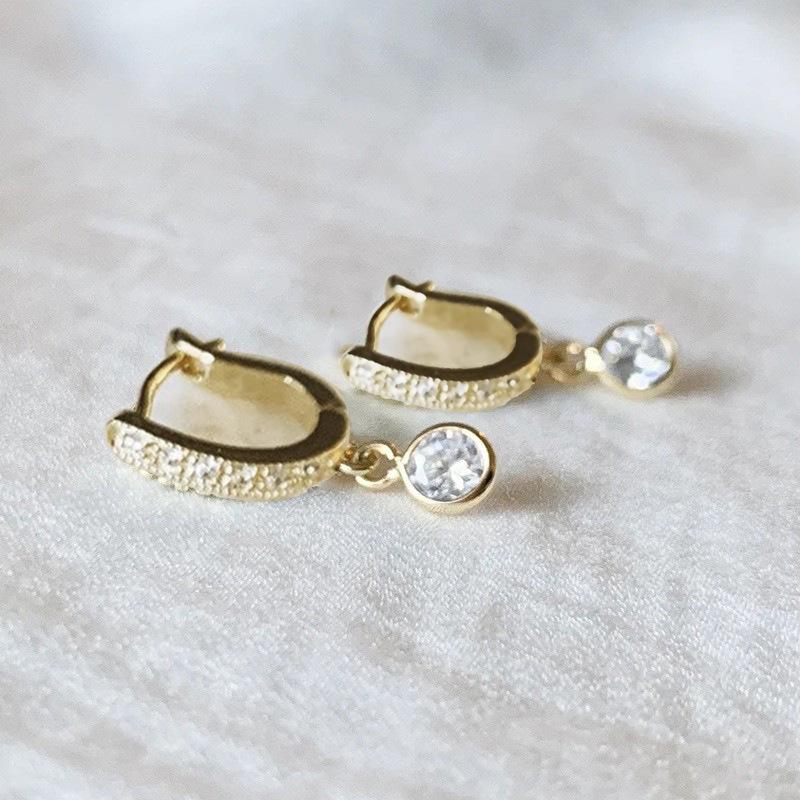 Partial Paved U Shape Huggie Hoop with Single Drop Round Stone Dangle Earrings Women Ear Jewelry