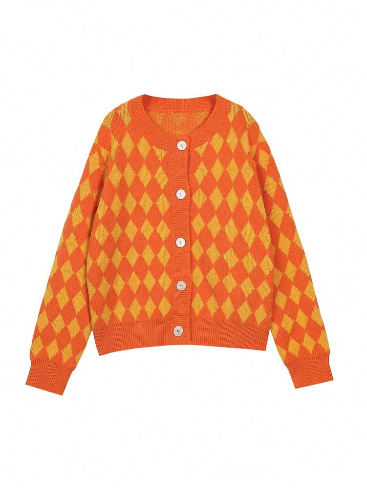 2025 Fall/Winter Color Block Diamond Plaid Long Sleeve Round Neck Knit Top for Women