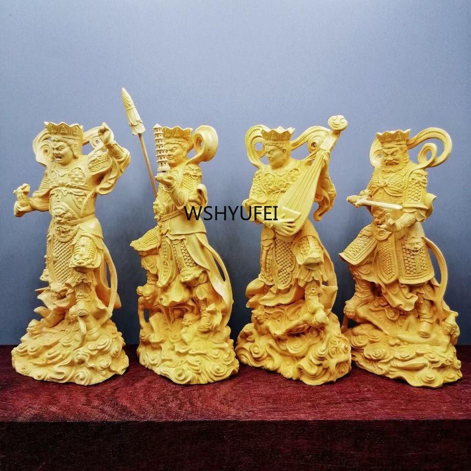 4pcs/set Boxwood Collection Chinese Brass Carvings of the Four Heavenly Kings Buddha Statues Solid Wood Carvings