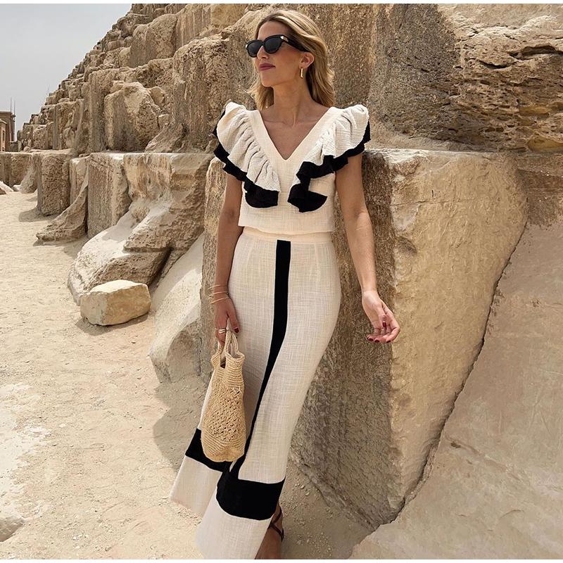 

Комплекты юбок из хлопка и льна в стиле пэчворк, женские элегантные юбки-миди с V-образным вырезом без рукавов, женский костюм 2024 года, летний тонкий комплект из 2 предметов L