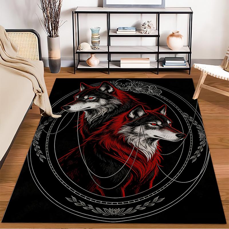 Stylish Black Carpet with Red and White Wolf Design, Artistic Look Suitable for Use As an Anti-slip for Living Room Bedroom Sofas