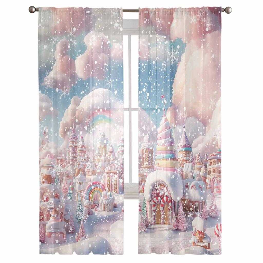 Christmas Candy Winter Curtains For Living Room Bedroom Home Decoration Window Voile Tulle Curtain Drapes