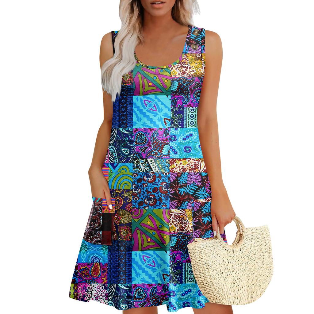 Summer Dresses For Women Beach Boho Sleeveless Printing Flowy Pocket Tshirt Tank Sundresses