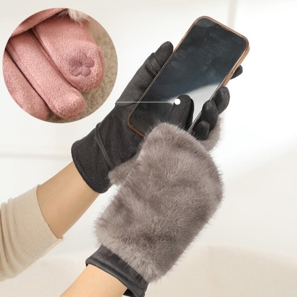 Solid Color Women Winter Gloves Rabbit Faux Fur Thermal Mittens Fashion Suede Gloves Girl