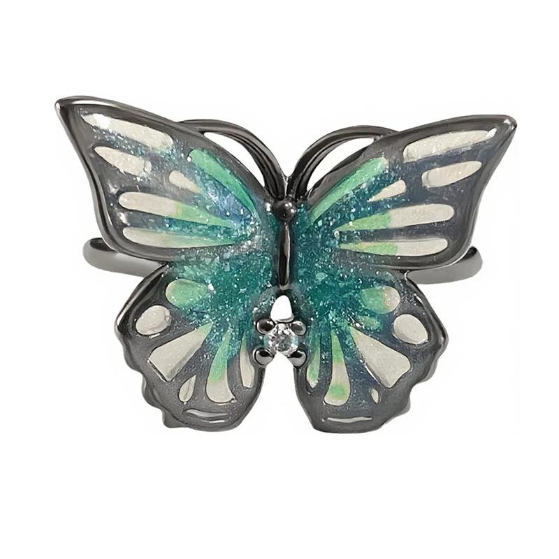 Sweet Cool Gun Black Enamel Dripping Oil Breaking Cocoon Butterfly Dark Opening Ring Design Sense Niche Stacked Ring Woman