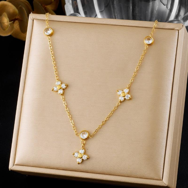 Gold Plated Stainless Steel Four-leaf Flower Crystal Station Necklace for Women