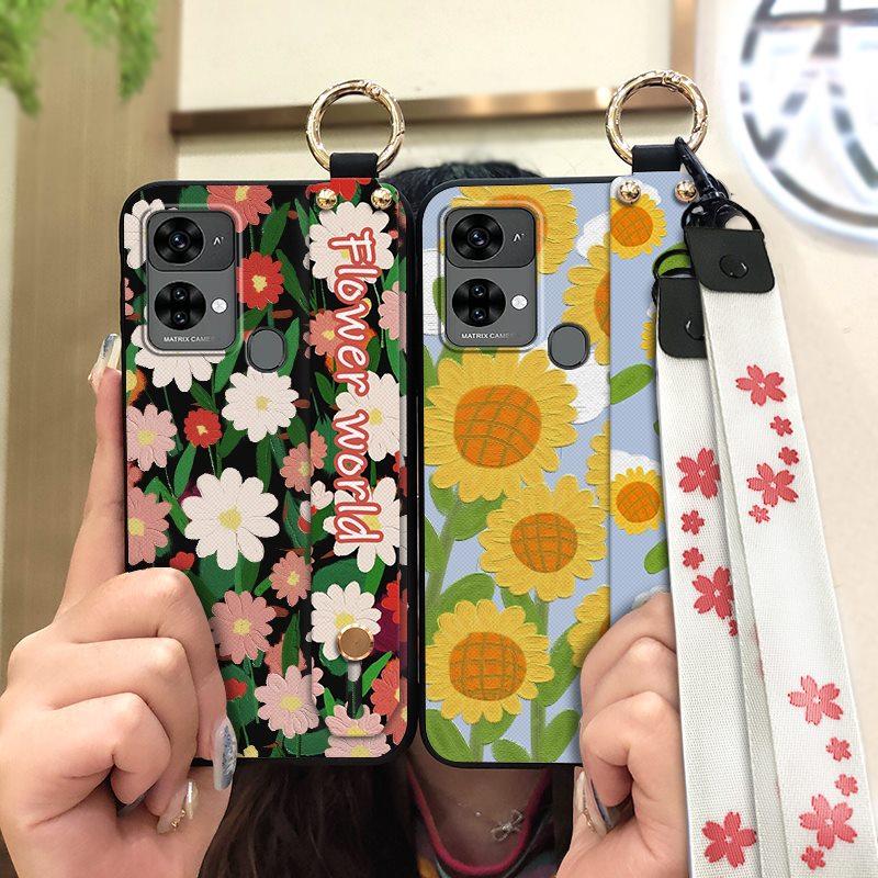 Oil Painting Phone Holder Phone Case For Oukitel C33 Back Cover Anti-dust Protective Anti-knock Lanyard Silicone Flower