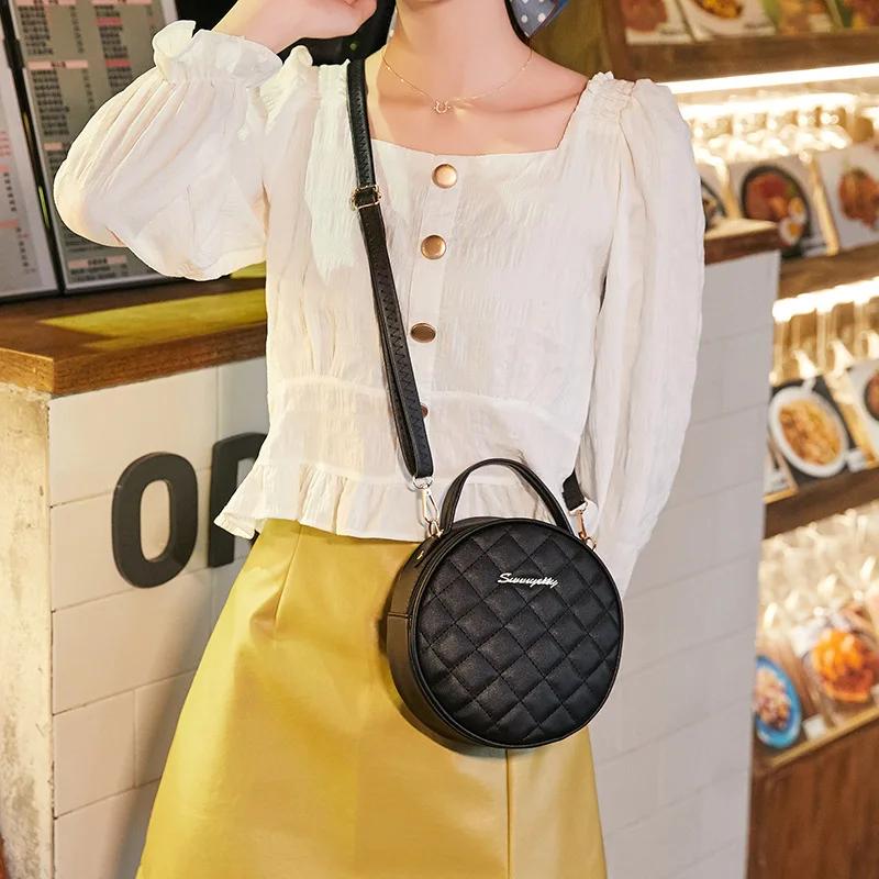 Fashion Lingge Crossbody Small Round Bag New Hand Bag Women's Korean Fashion Niche Single Shoulder Messenger Bag Tote Women
