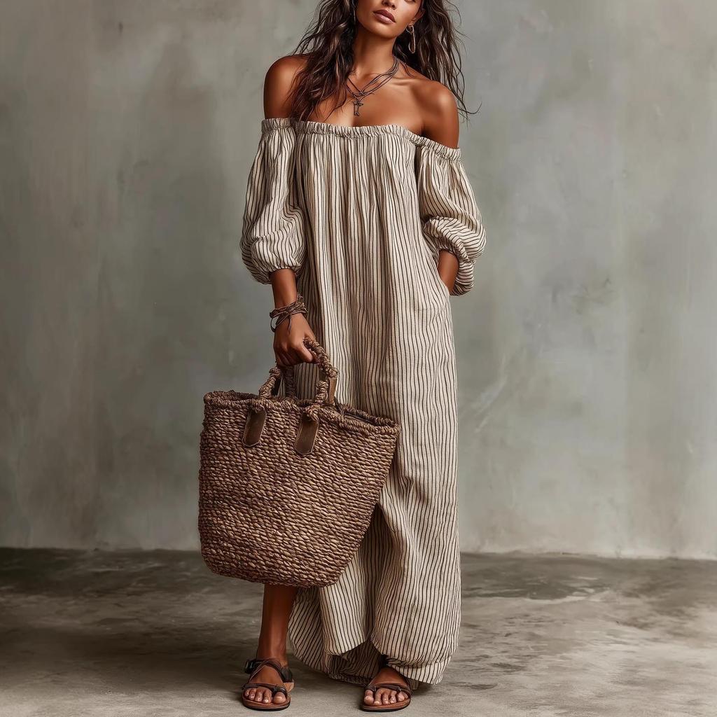 Available for 2026: New Spring Striped Off-Shoulder Dress for Women in Cotton and Linen - Perfect Vacation Style