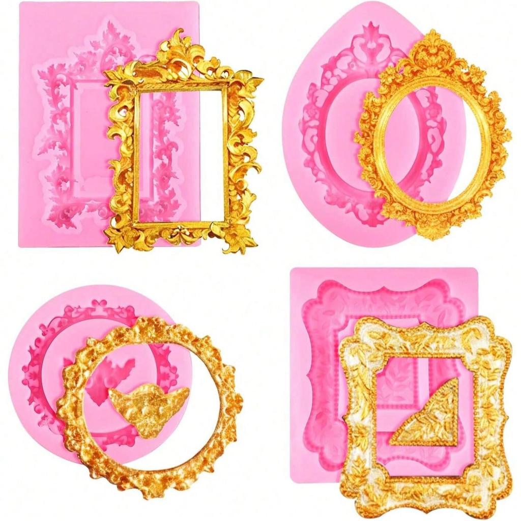 4 Style Silicone Frame Chocolate Mold,Baroque Style Clay Molds Fondant,Frame Mold for Crafts,Baking,Cupcake Topper,Decoration