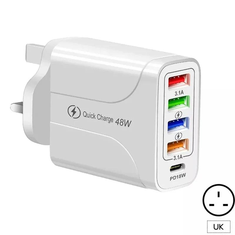 

48W PD QC3.0 5USB Type C Fast Charging Phone Charger Adapter for IPhone 13 14 Samsung Xiaomi Huawei Universal EU US UK Plug UK-white
