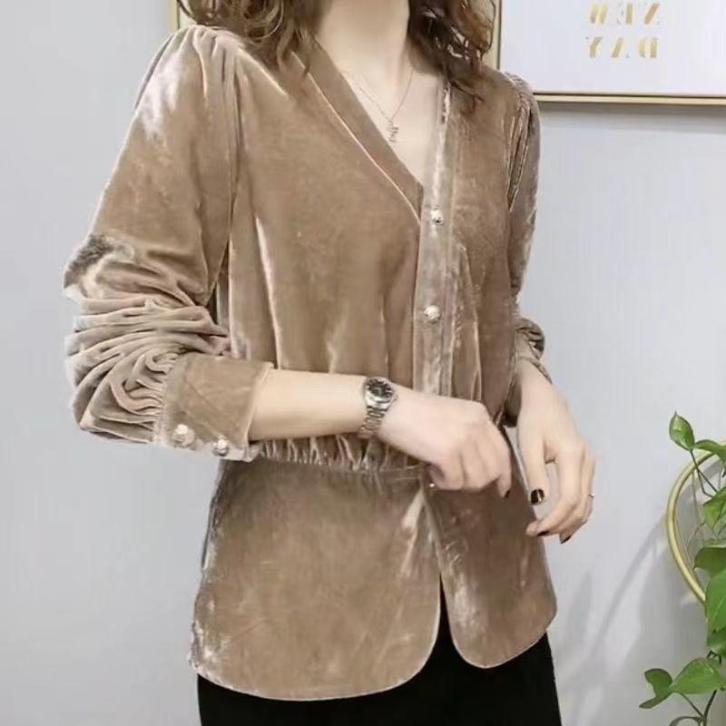 Dámská Vintage jednořadá košile s výstřihem do V pro dojíždění jaro podzim univerzální halenka s dlouhým rukávem pro ženy