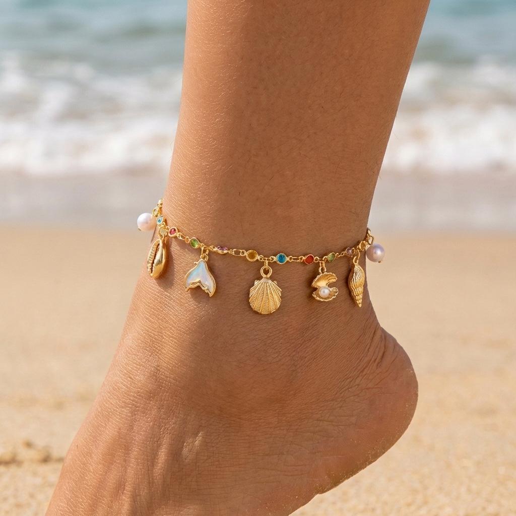 Lady's Multi-layered Beach and Ocean-themed Ankle Chain with Sea Shells and Starfish Beach Accessories for Vacation.