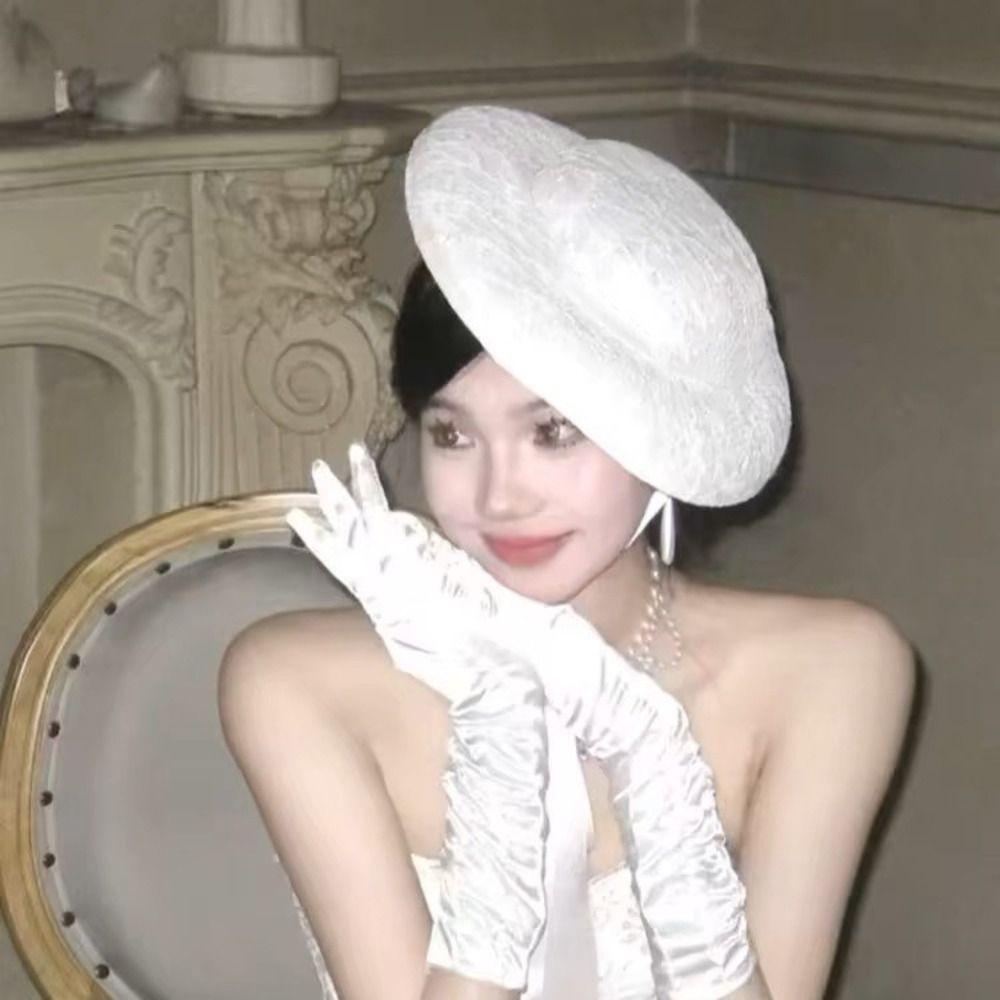 Sunscreen Lace Tied Topper Hat White Lace Bonnet Hat Hepburn Style Formal Hat  Parties Gathering