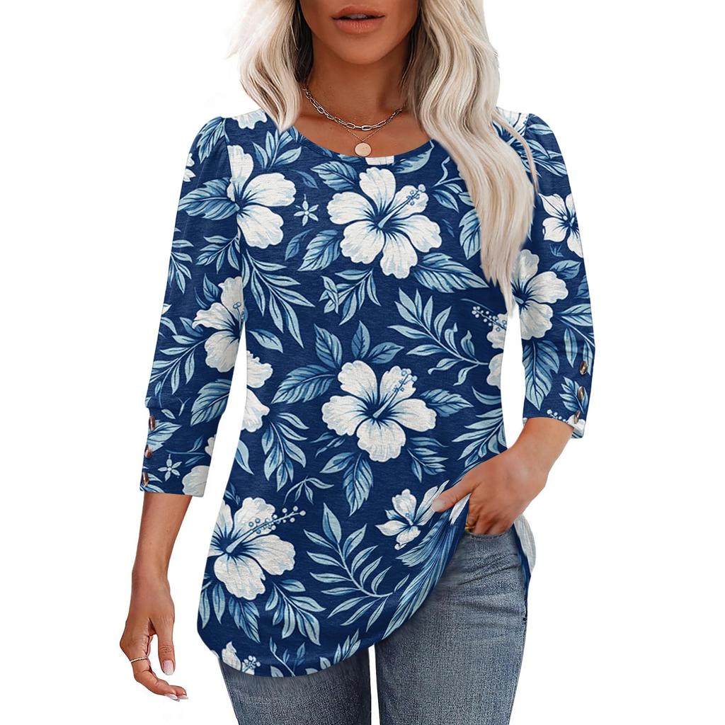 Women Casual Floral Print Loose Fit Round Neck Three Quarter Sleeve Blouse Lightweight Comfortable Top for Everyday Wear